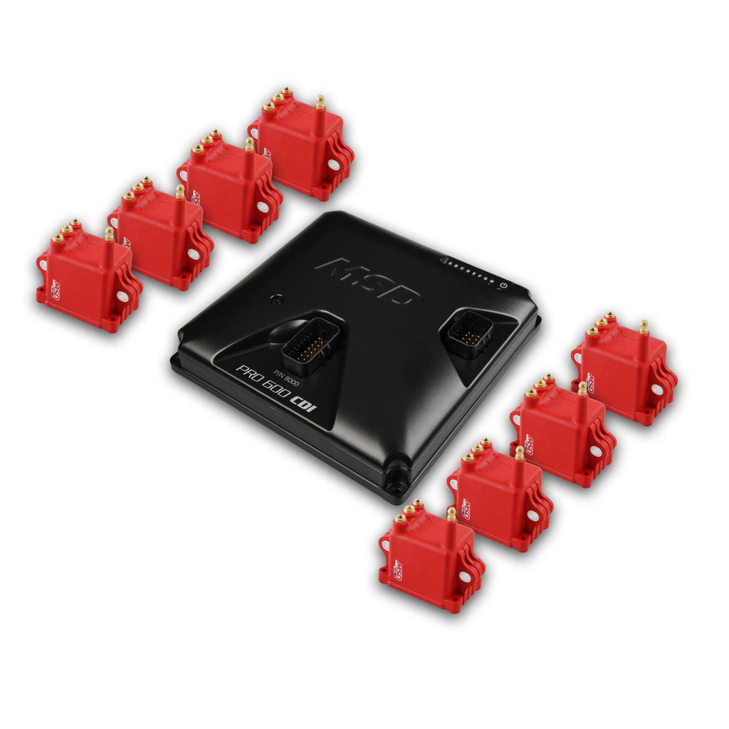 MSD Pro 600 Cdi Ignition And Coil Kit Red Coils 8-Channel Capacitive Discharge Race Ignition 8280 High Output Coils High Cylinder Pressure, High Hp Engines Utilizing Coil-Near-Plug Ignition MSD Ignition