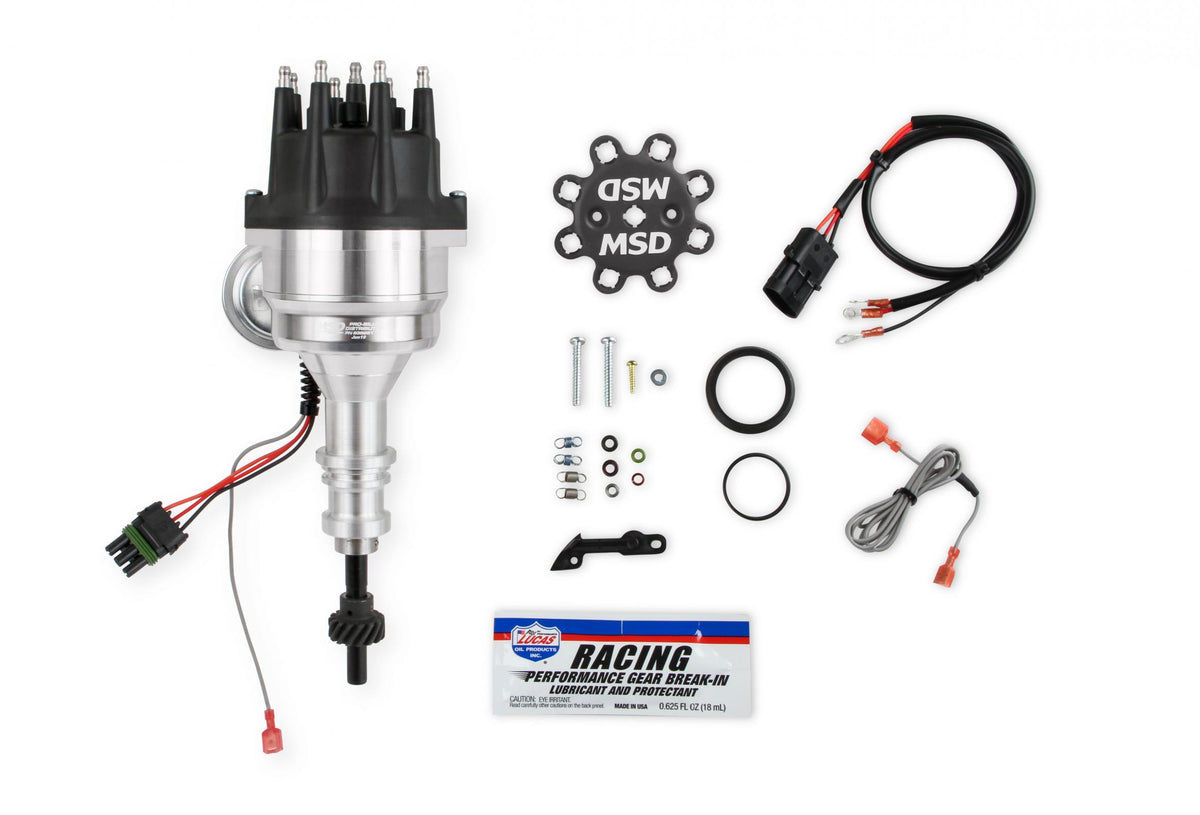 Distributor, Ford 289/302, Ready-To-Run, Black Cap, Steel Gear MSD'S Pro-Billet Distributor With Small Diameter Black Cap And Ready To Run W/Vacuum Advance And Steel Gear, No Ignition Box Needed MSD Ignition