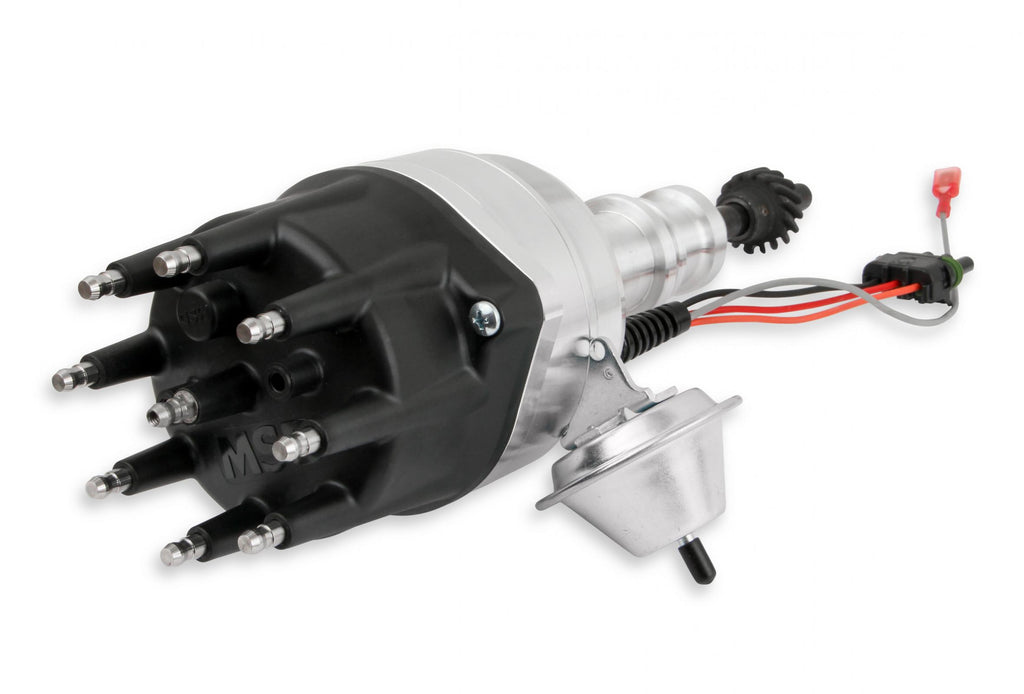 Distributor, Ford 289/302, Ready-To-Run, Black Cap, Steel Gear MSD'S Pro-Billet Distributor With Small Diameter Black Cap And Ready To Run W/Vacuum Advance And Steel Gear, No Ignition Box Needed MSD Ignition