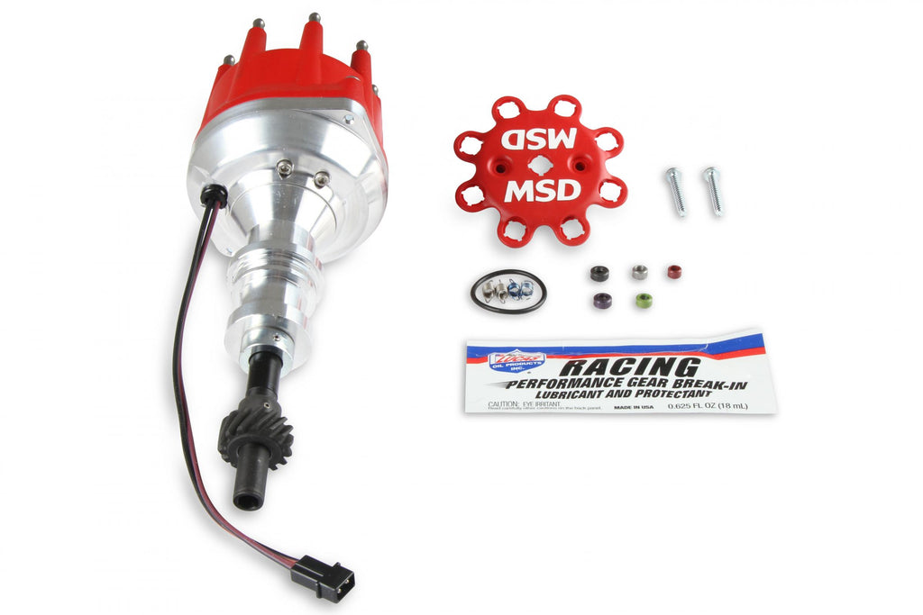 Distributor, Ford 351W/Steel Gear/Holley Hi-Ram MSD'S Pro-Billet Small Diameter Distributor W/Red Cap And Steel Gear, Requires The Use Of MSD 6, 7, 8 Series Ignition And Designed To Fit Holley 351W Hi-Ram Carburetor Intake Manifolds MSD Ignition