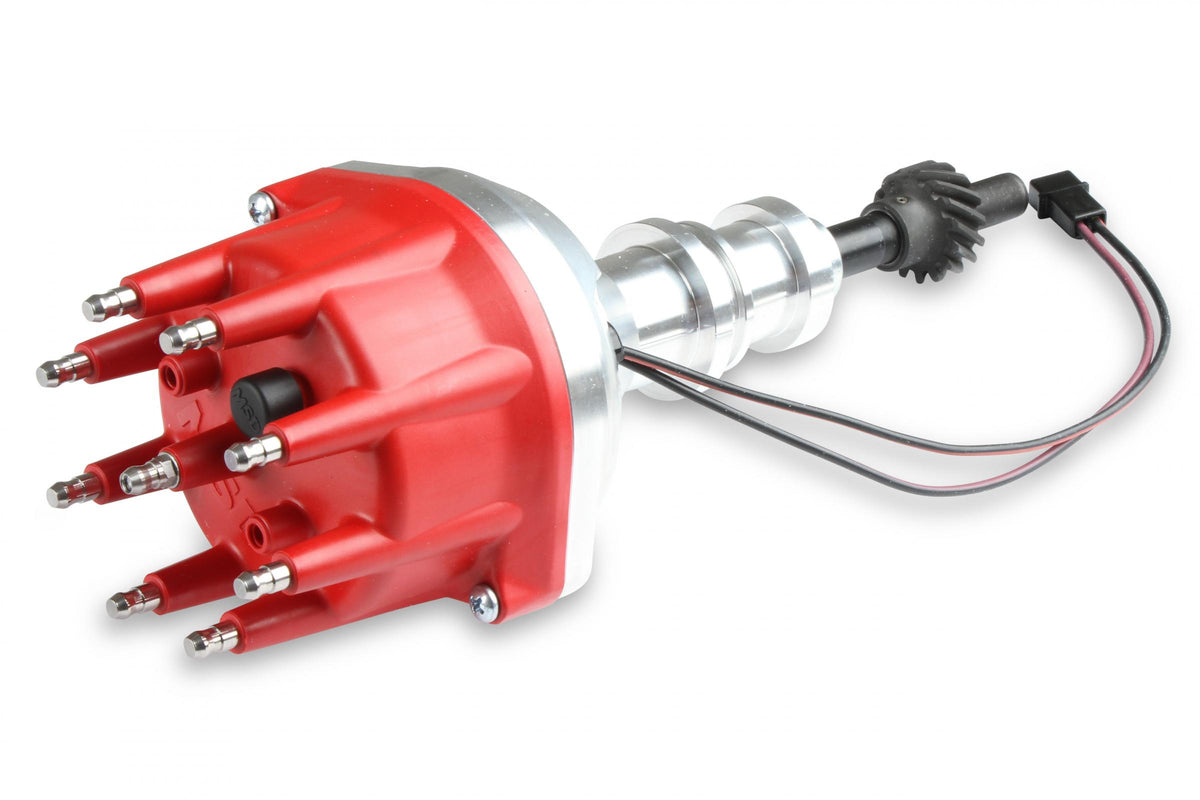 Distributor, Ford 351W/Steel Gear/Holley Hi-Ram MSD'S Pro-Billet Small Diameter Distributor W/Red Cap And Steel Gear, Requires The Use Of MSD 6, 7, 8 Series Ignition And Designed To Fit Holley 351W Hi-Ram Carburetor Intake Manifolds MSD Ignition