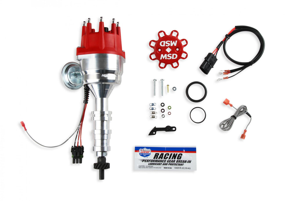 MSD Distributor, Ford Fe, Ready-To-Run, Steel Gear MSD'S Pro-Billet Distributor With Small Diameter Red Cap And Ready To Run W/Vacuum Advance And Steel Gear, No Ignition Box Needed MSD Ignition