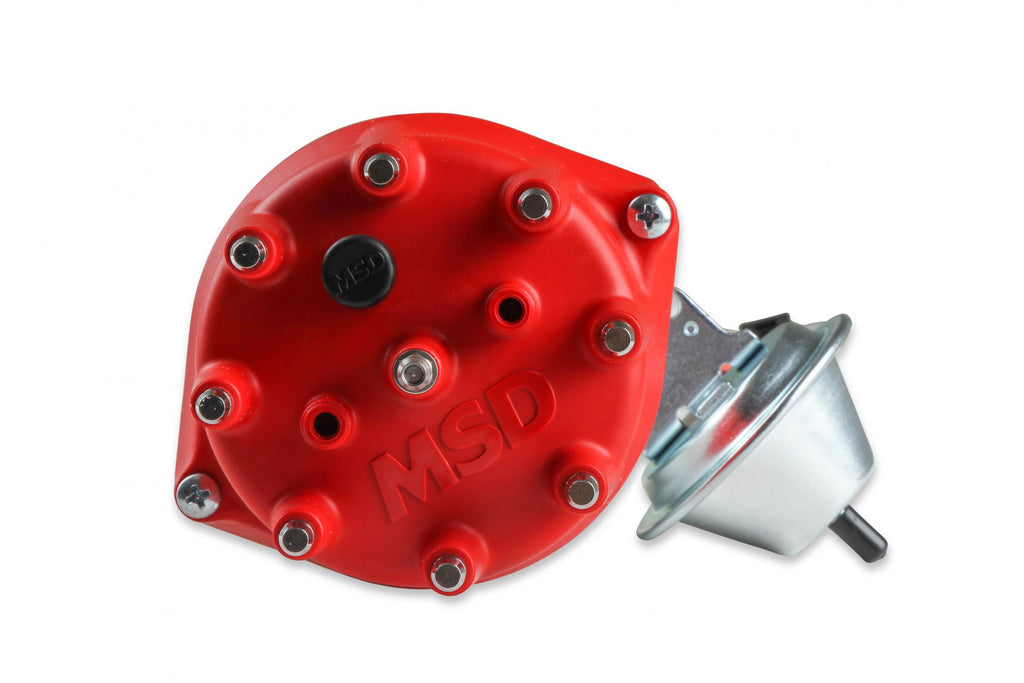 MSD Distributor, Ford Fe, Ready-To-Run, Steel Gear MSD'S Pro-Billet Distributor With Small Diameter Red Cap And Ready To Run W/Vacuum Advance And Steel Gear, No Ignition Box Needed MSD Ignition
